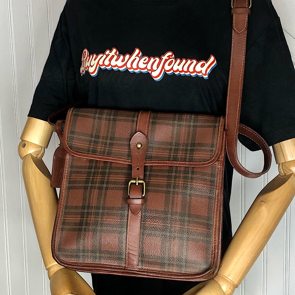 RALPH LAUREN Tartan Plaid Large Leather Crossbody Messenger Shoulder Bag